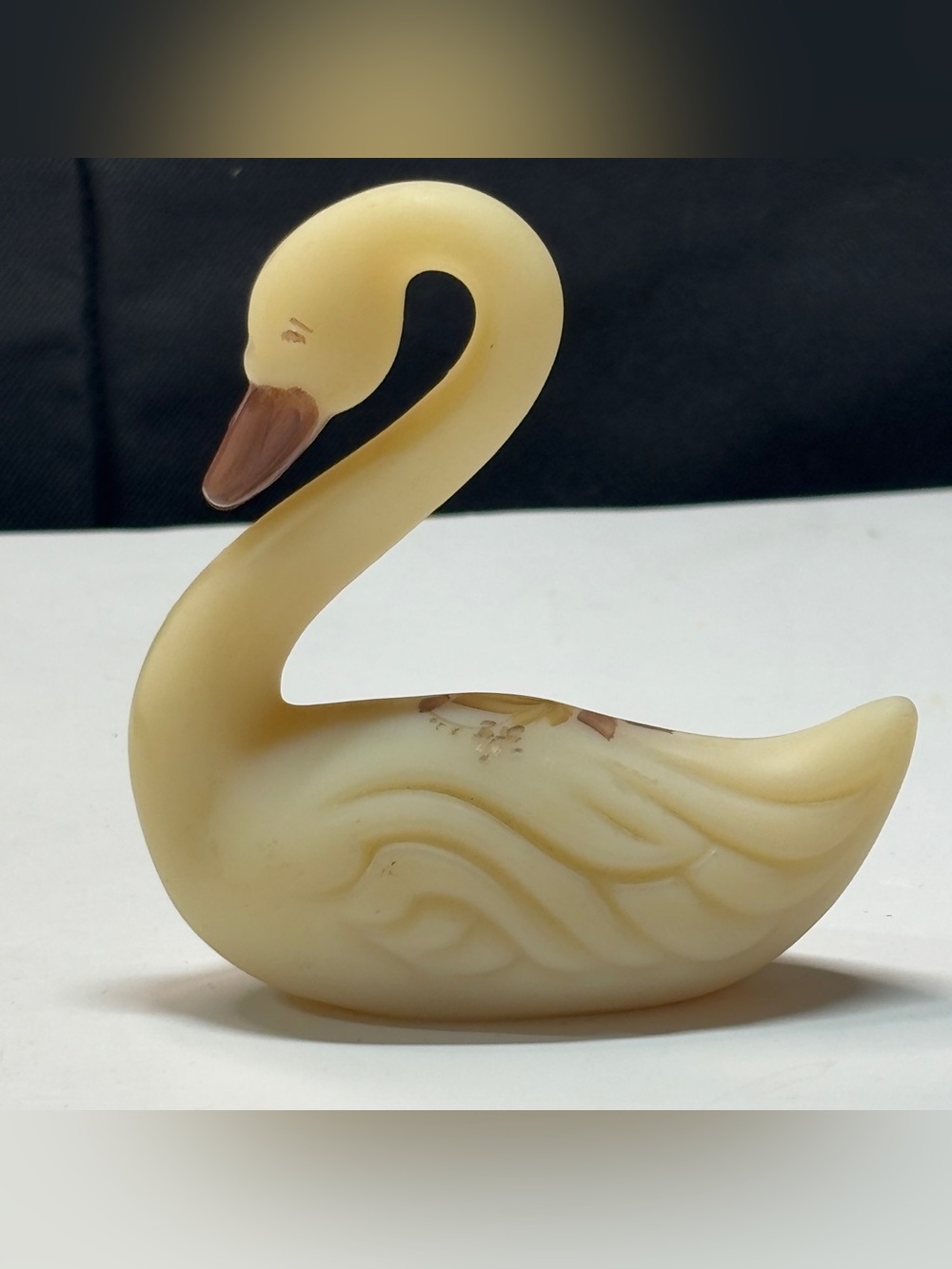 Fenton Swan Signed Hand Painted Flowers Art Custard Glass EUC